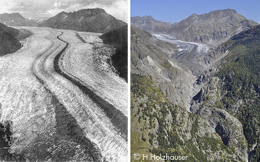 The Aletschgletscher in the year 1856 and today / photo: Hanspeter Holzhauser